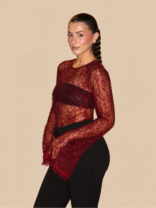Blusa Bordeaux em Renda com Brilho e Mangas Flare - Lumina