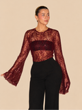 Blusa Bordeaux em Renda com Brilho e Mangas Flare - Lumina