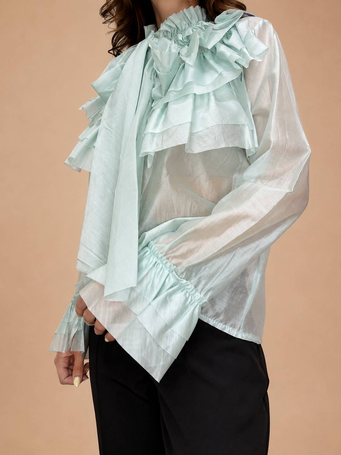 Blusa com Folhos e Laço - Verde Água