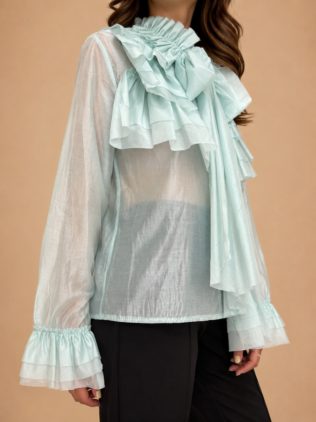 Blusa com Folhos e Laço - Verde Água