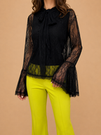 Blusa de Renda Preta com Laço - Lumina