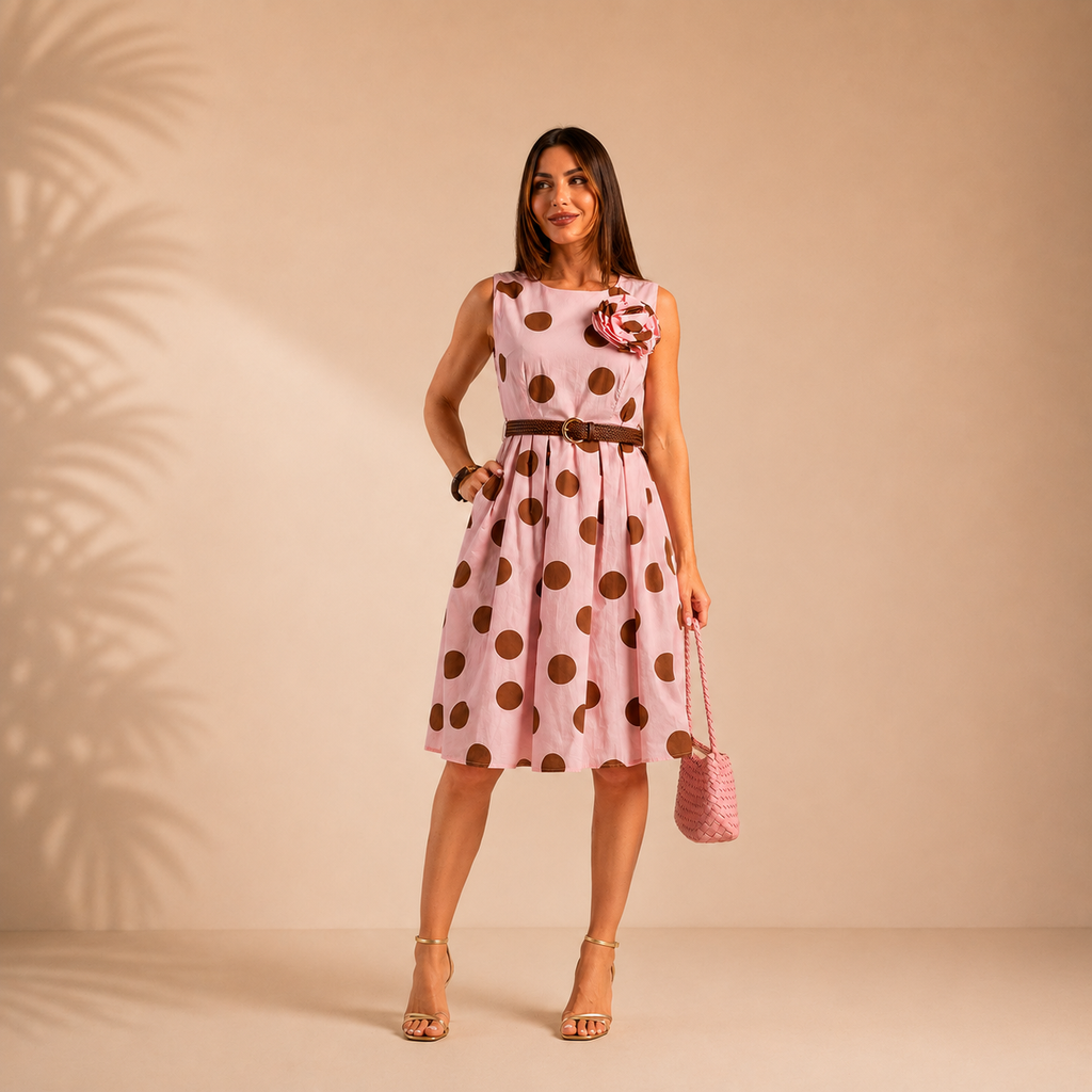 Vestido Rosa com Bolas Castanhas