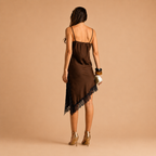 Vestido Acetinado Castanho com Renda