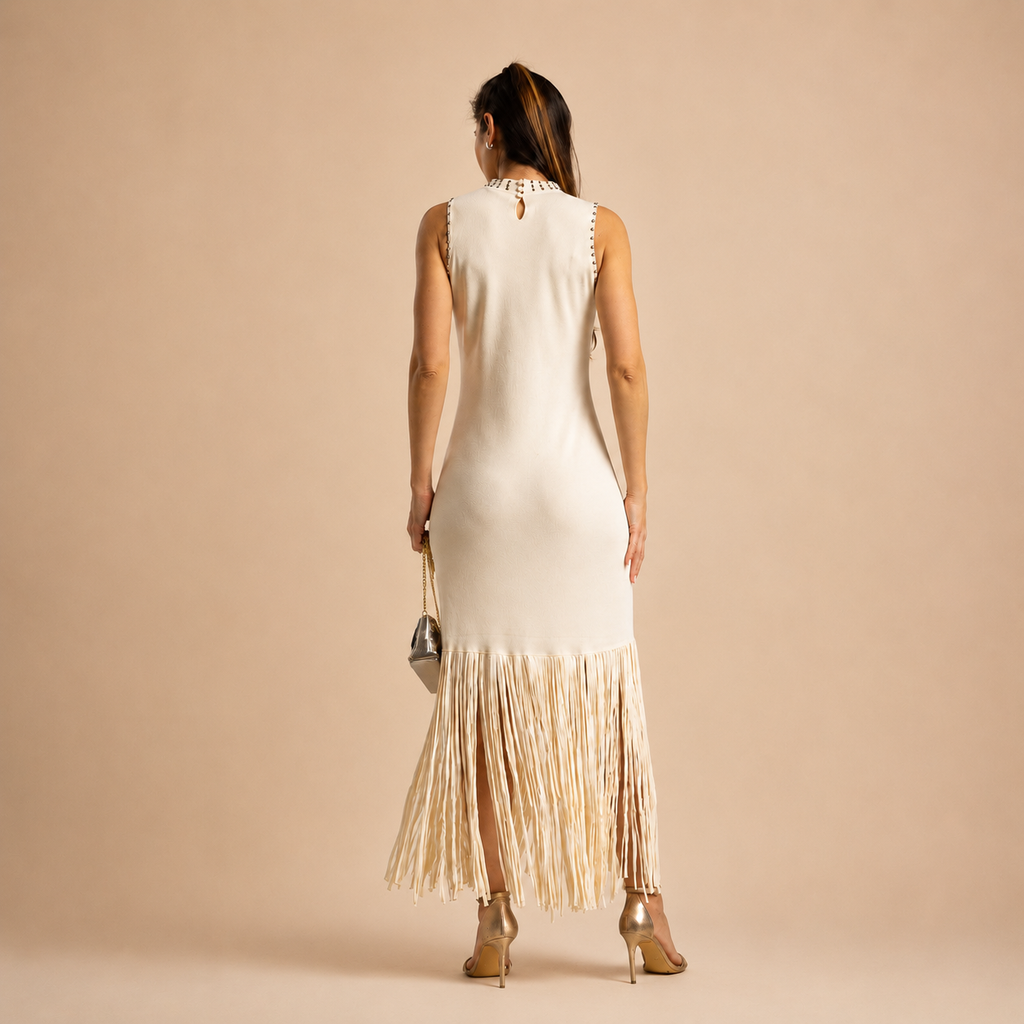 Vestido em Malha com Franjas e Aplicações Metálicas
