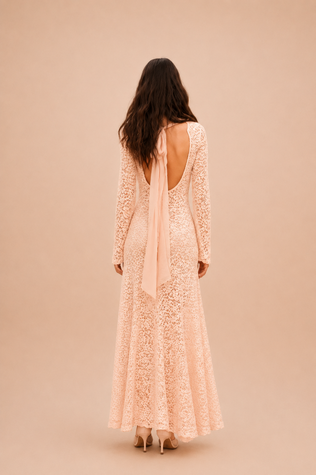 Vestido Longo de Renda Marfim com Costas Abertas- Lumina