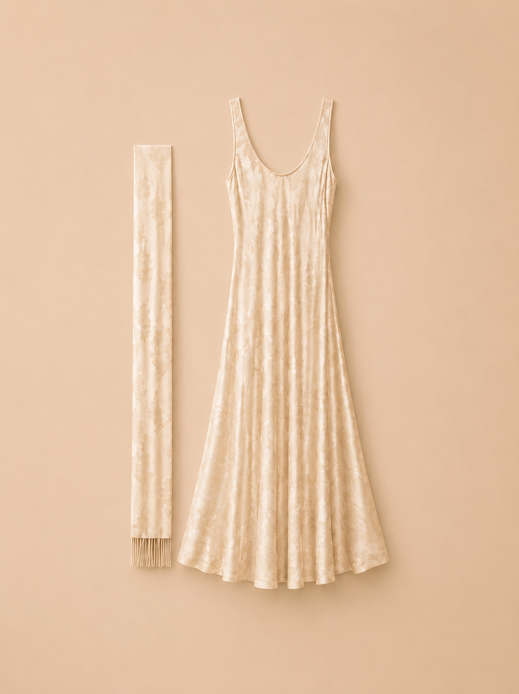 Vestido Comprido Azul Jacquard com cachecol Marfim- Lumina