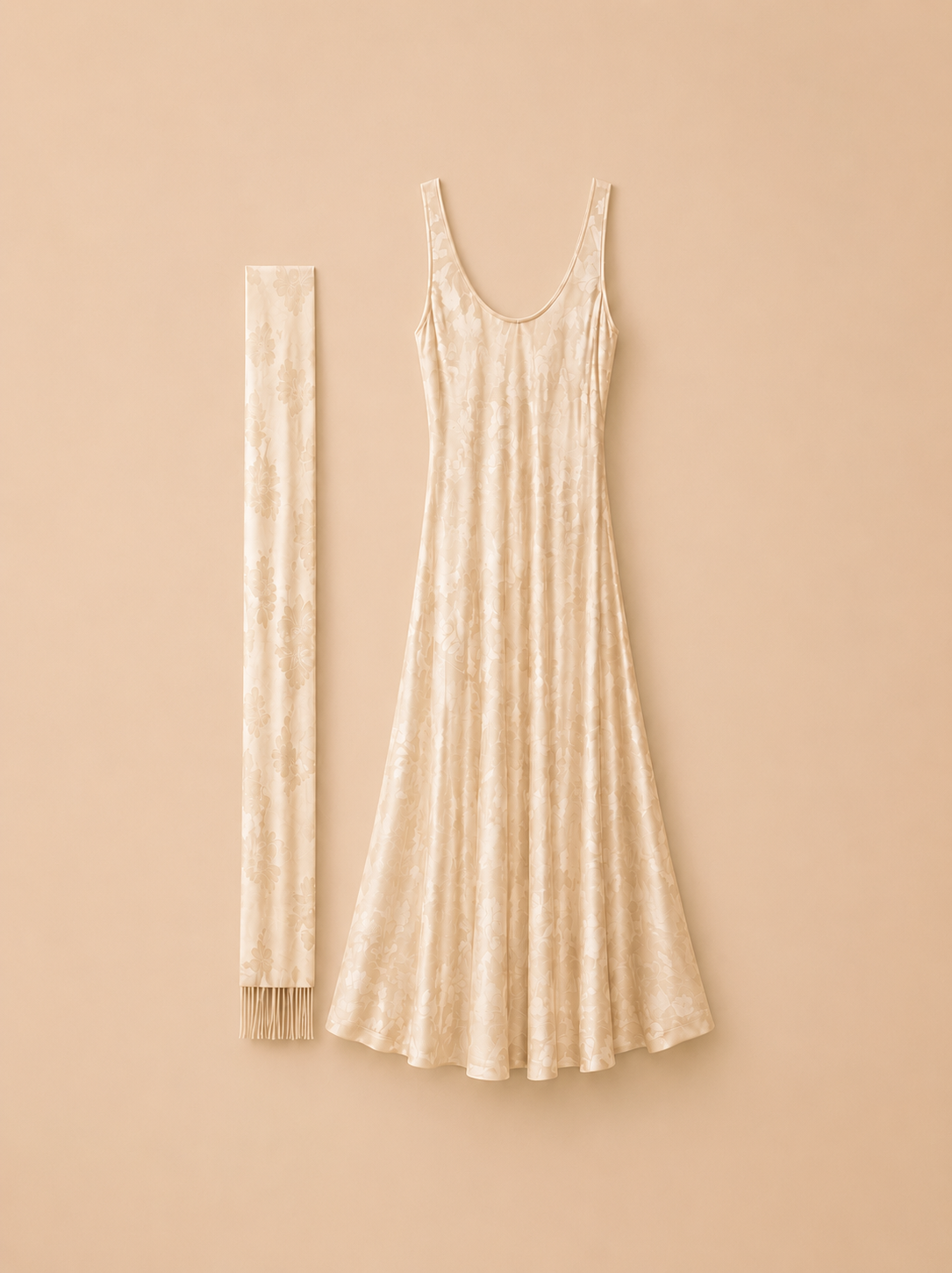 Vestido Comprido Azul Jacquard com cachecol Marfim- Lumina