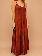 Vestido Comprido Acetinado Floral Terracota