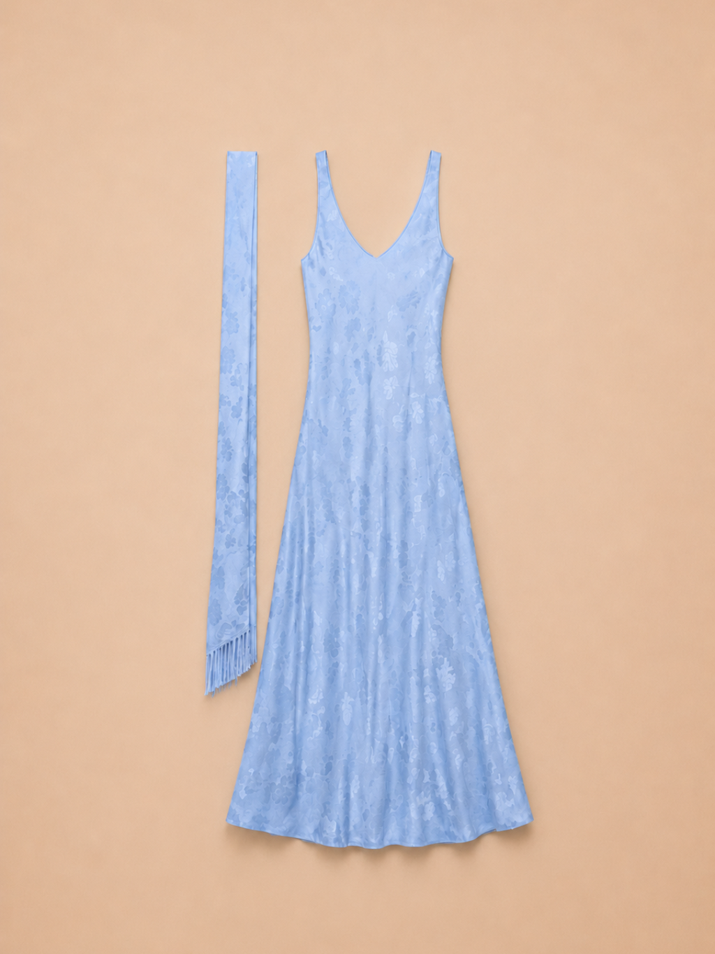 Vestido Comprido Azul Jacquard com Cachecol - Lumina