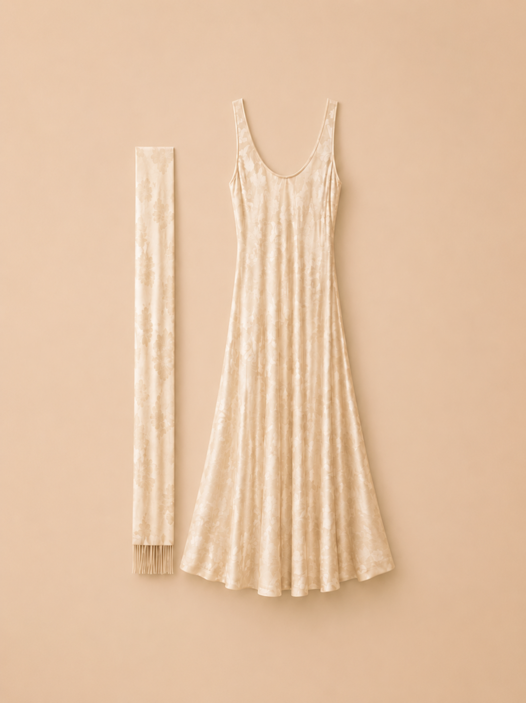 Vestido Comprido Marfim Jacquard com Cachecol - Lumina