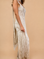 Vestido Comprido Marfim Jacquard com Cachecol - Lumina