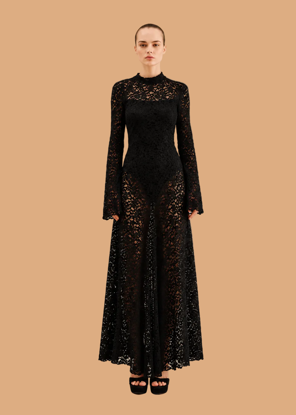 Vestido Longo de Renda Preto com Costas Abertas - Lumina