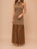 Vestido Maxi Castanho com Saia em Tule - Lumina