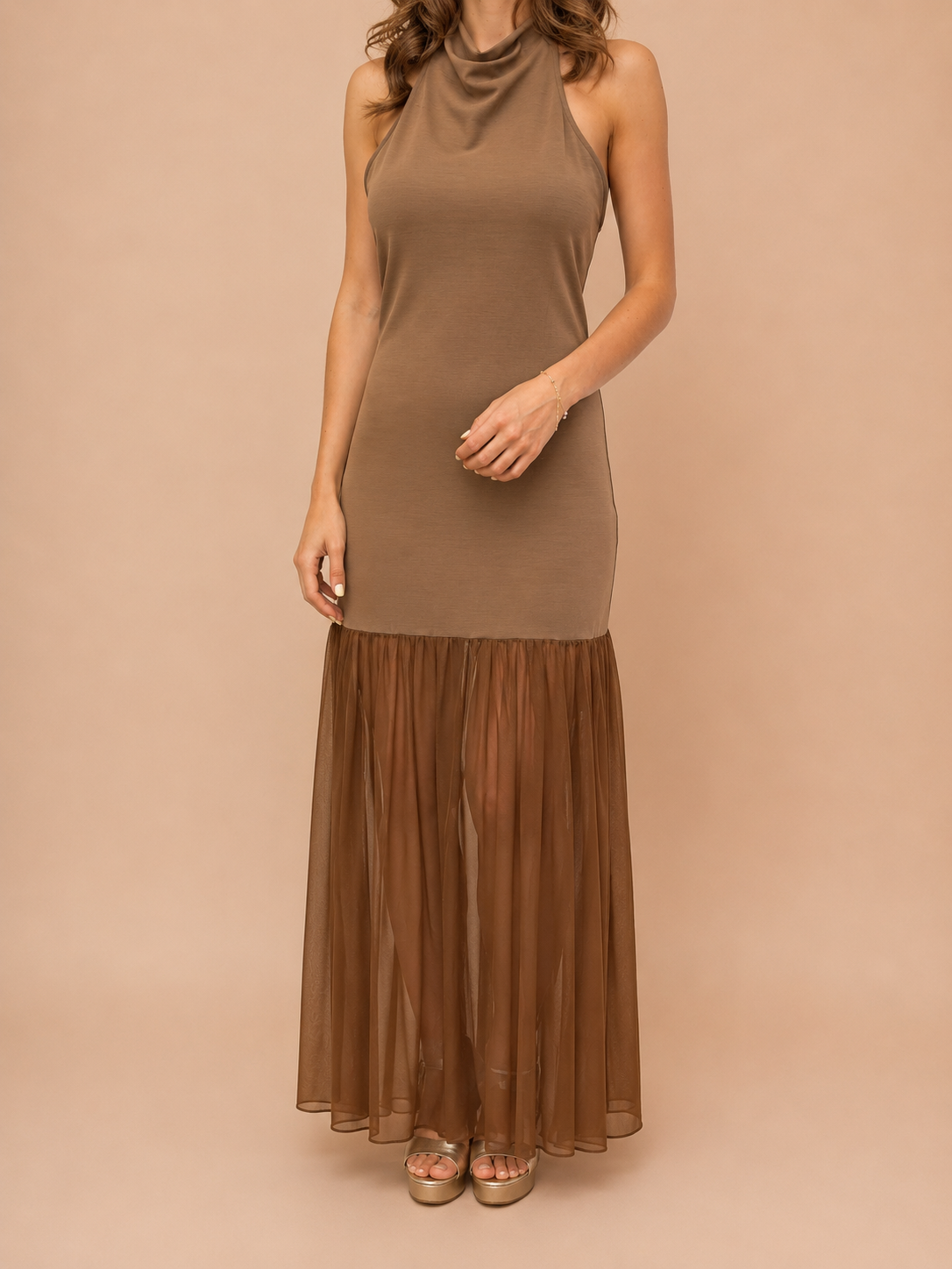 Vestido Maxi Castanho com Saia em Tule - Lumina