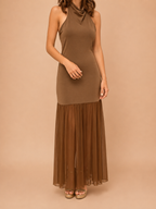 Vestido Maxi Castanho com Saia em Tule - Lumina