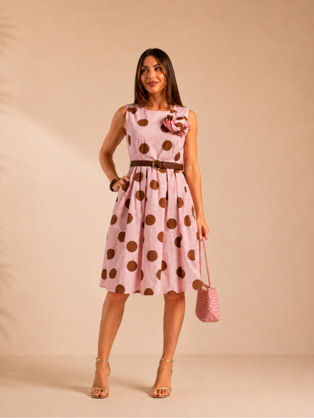 Vestido Rosa com Bolas Castanhas